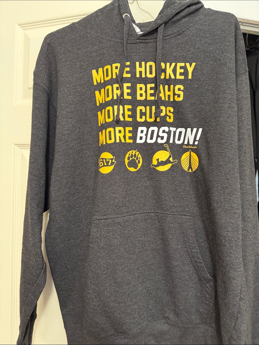 Grey 'More Boston' Graphic Hoodie with Yellow & White Print size large